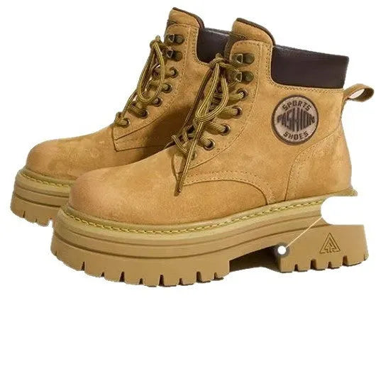 Retro-style cowhide Martin boots in pink and yellow, mid heel, lace-up, round toe, sizes 35-40