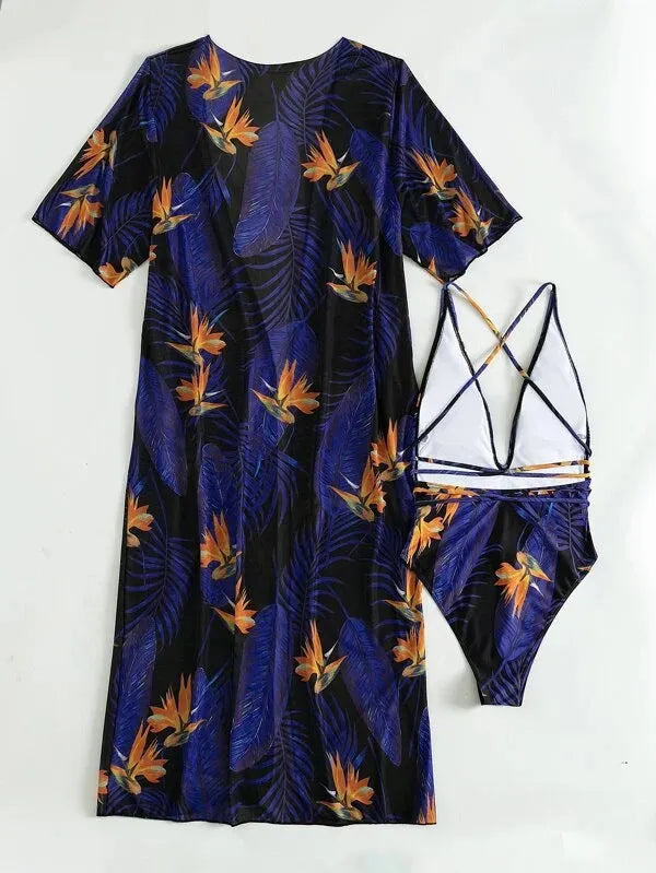 Women's three-piece polyester swimsuit bikini set with a matching coat in a pattern design.
