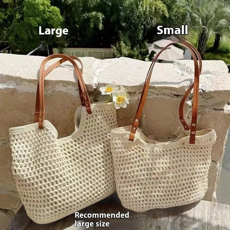 Beige woven cotton linen shoulder bag showing large and small size options with magnetic snap and zipper closure variants