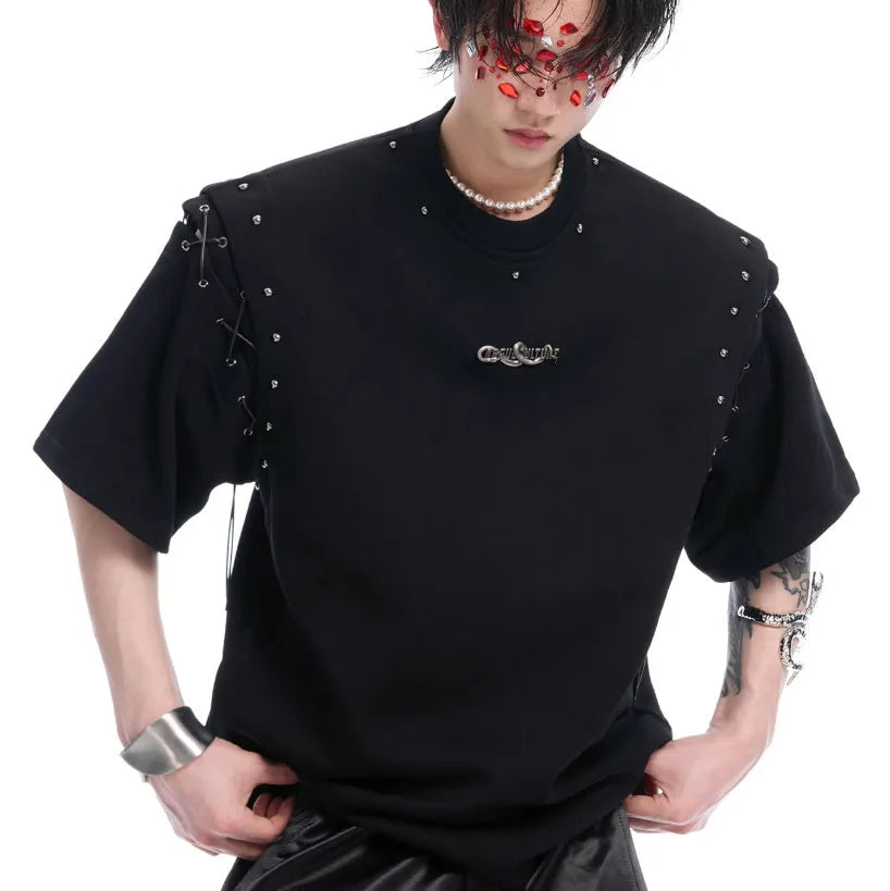 Deconstructed lace-up cutout short sleeve T-shirt in black and white colour options