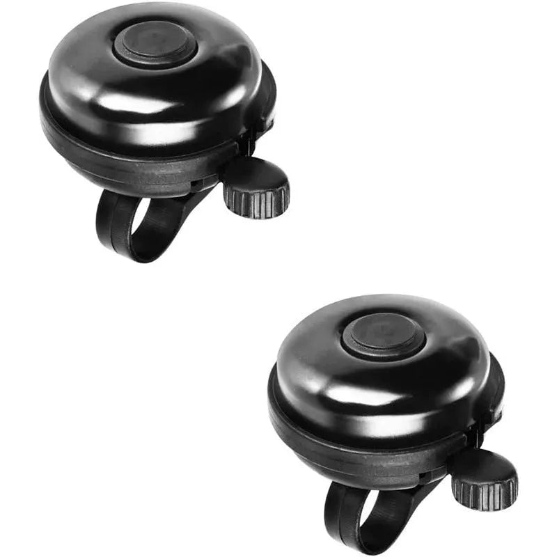Black bicycle bell with 58mm diameter and ABS plastic construction showing handlebar clamp fixture