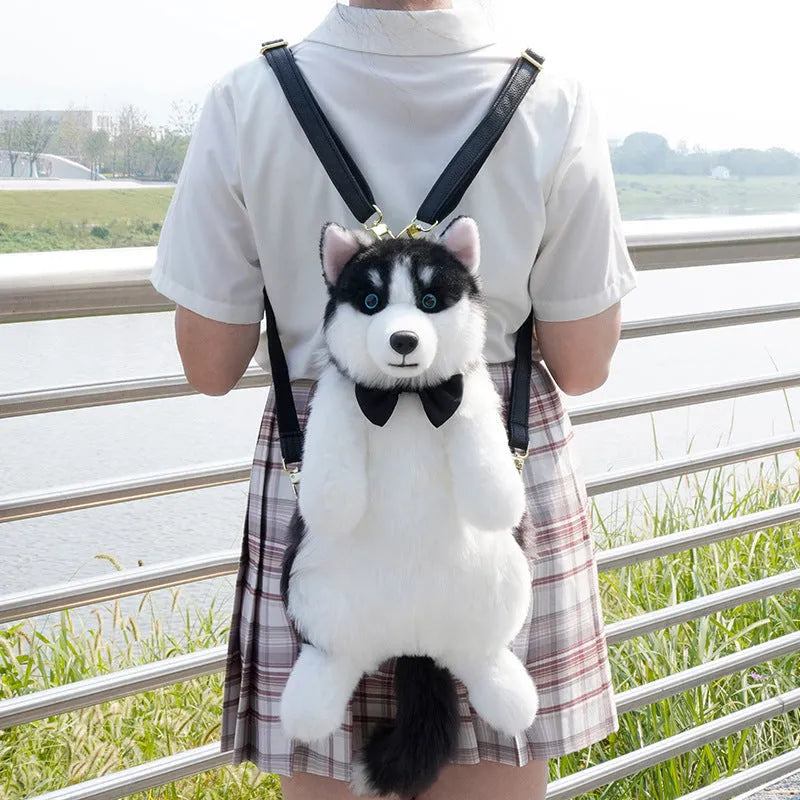 Husky plush simulation bag toy with blue plaid scarf in gift box packaging