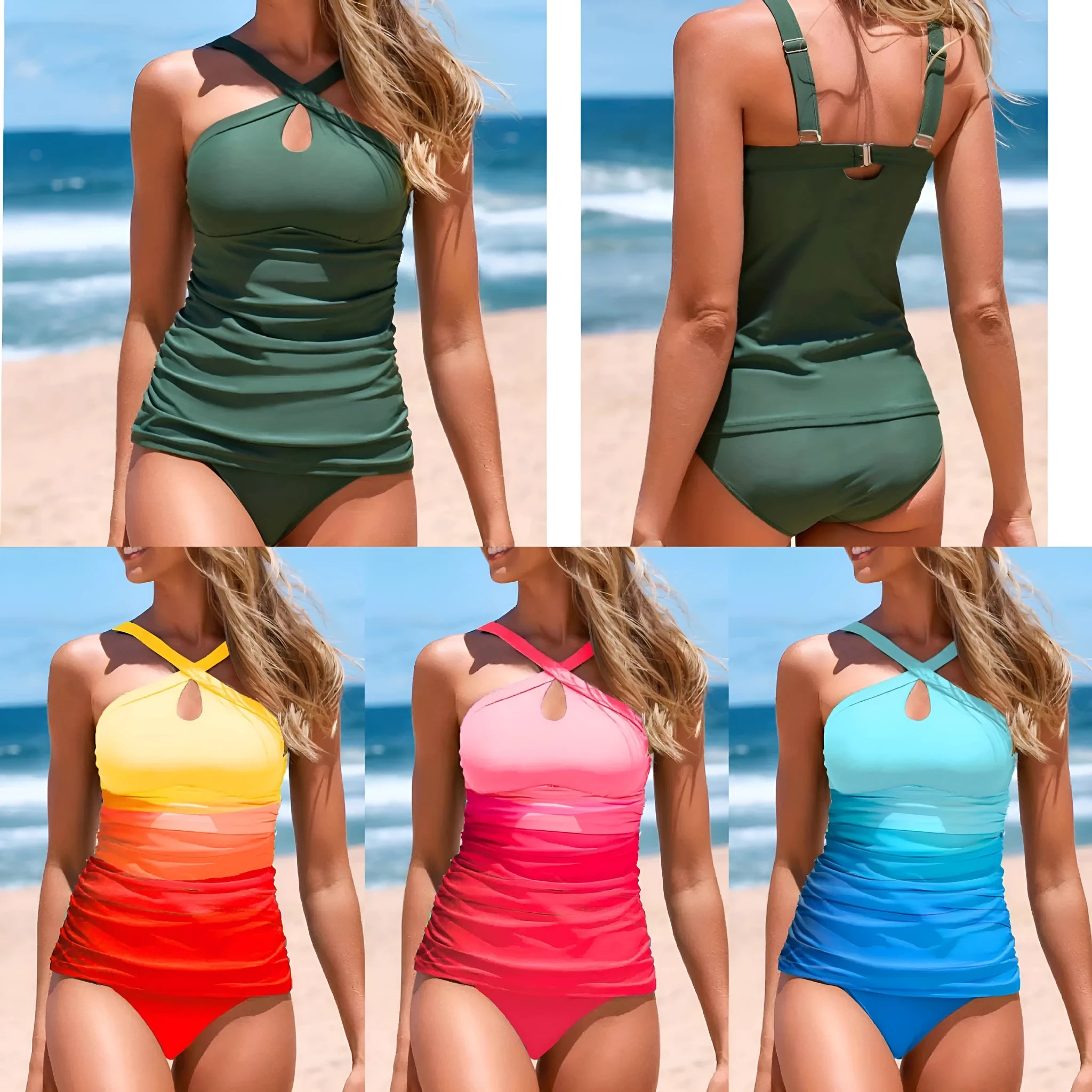 Women's gradient colour swimsuit with cross strap back and heap pleated detailing