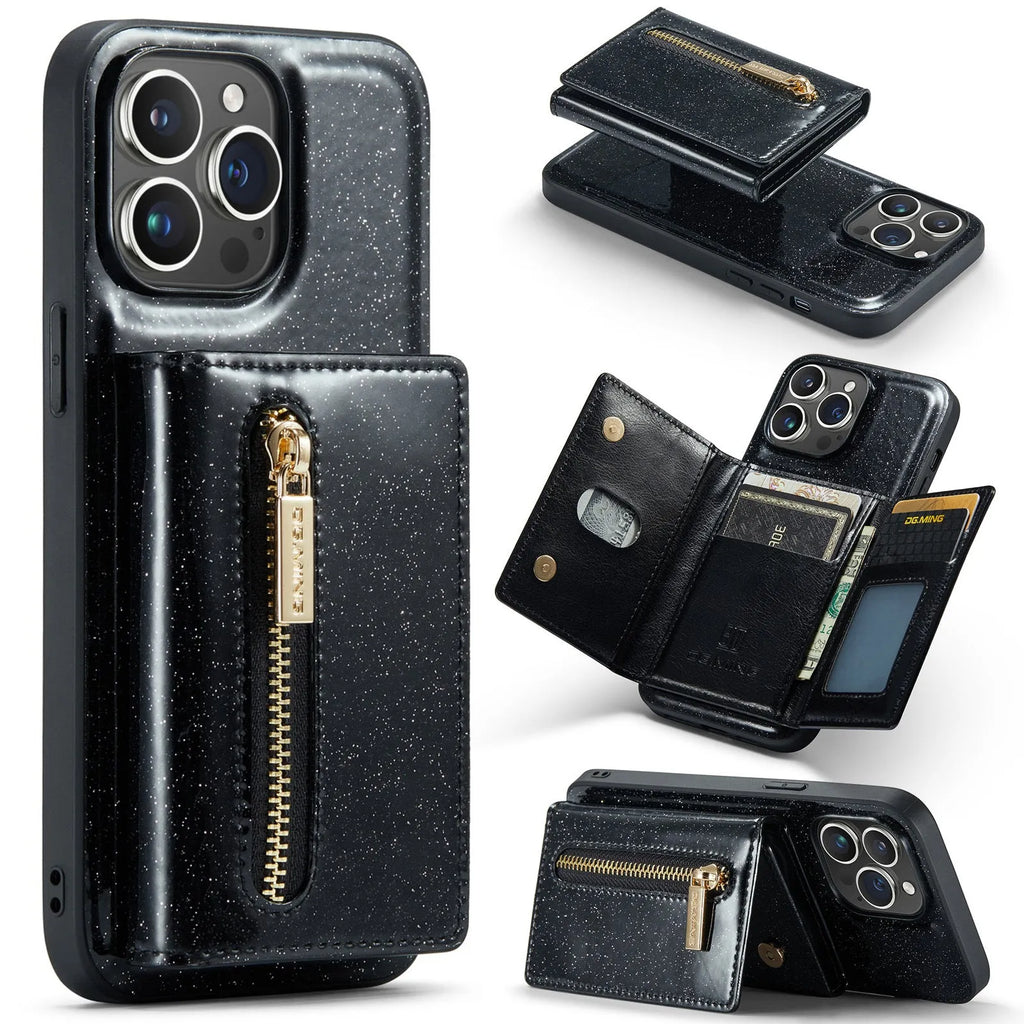 Glitter wallet magnetic phone case in combination black for iPhone with card slot