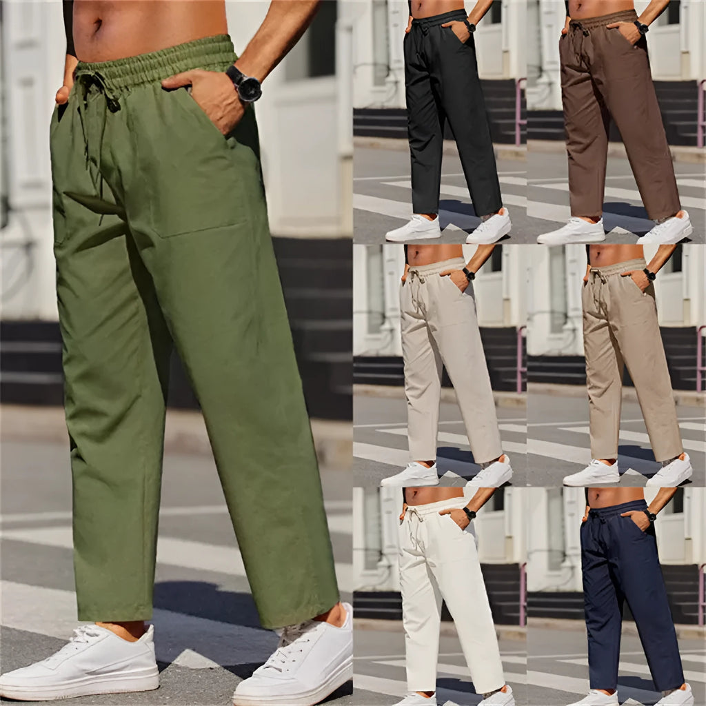 Men's straight-leg linen trousers with an elastic waistband in a solid colour.