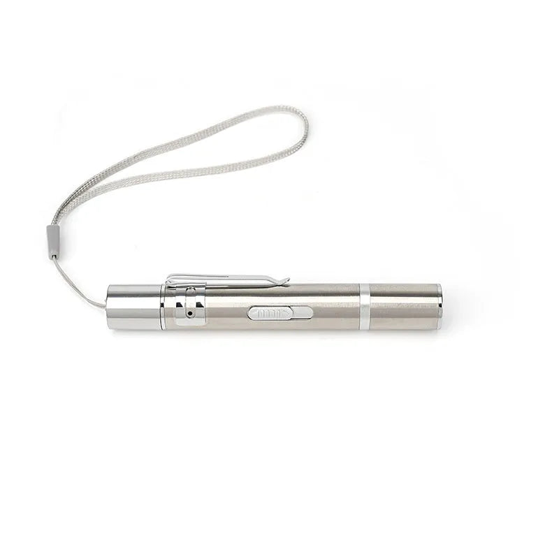 Laser pointer cat toy in stainless steel, 11.3 x 1.7 cm, with red dot LED and five light modes for cats and dogs.