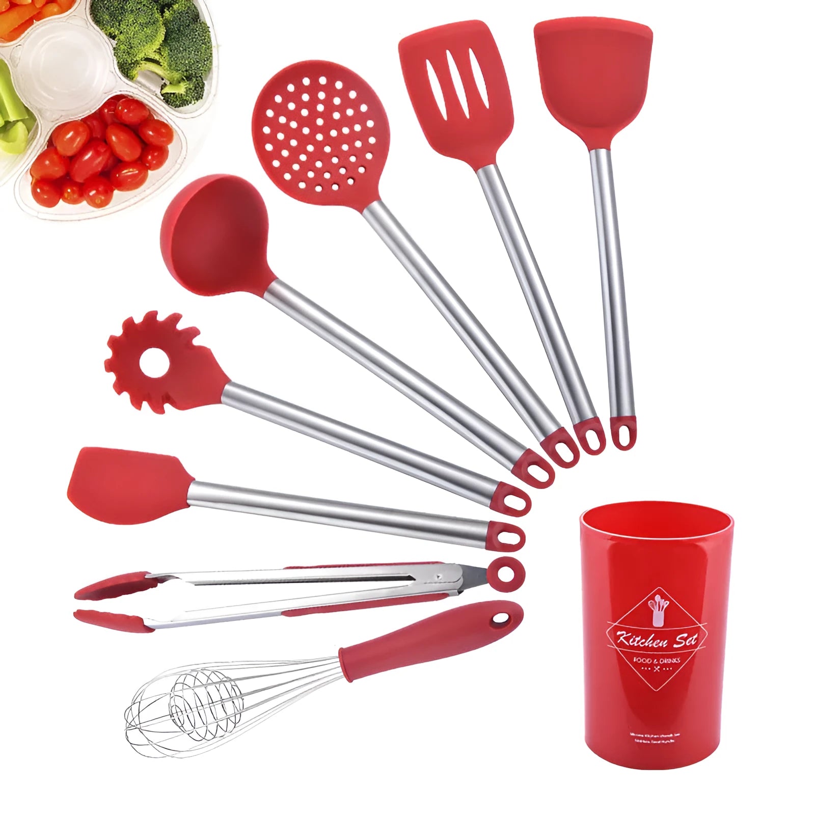 Seven-piece silicone kitchenware set includes spatula, colander, egg beater and other utensils with stainless steel tube handles in red colour