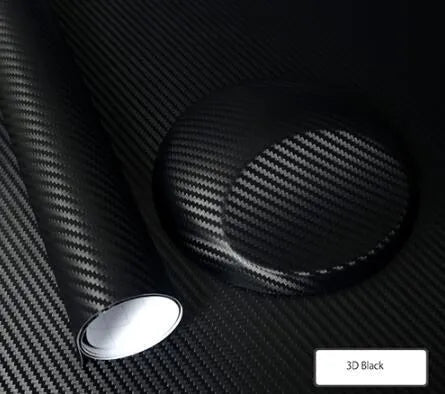 3D carbon fiber vinyl film car sticker roll in black texture with air guide groove visible on adhesive side