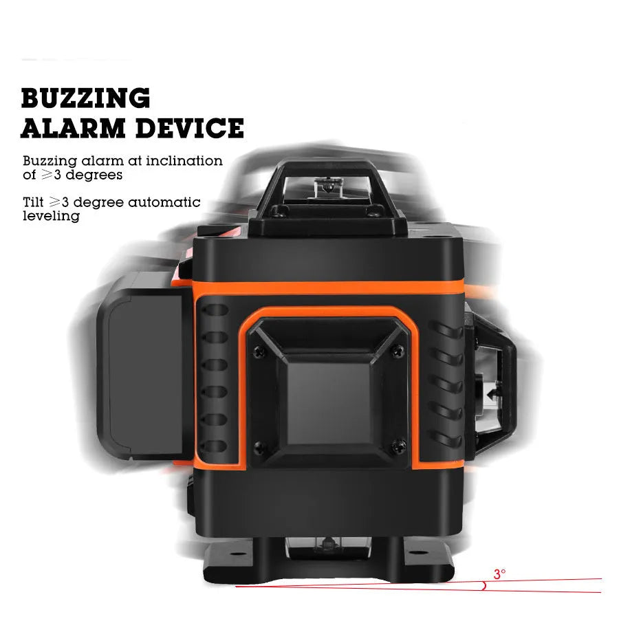 Rotating laser level tool showing green or orange 505nm laser beam for precise wall alignment