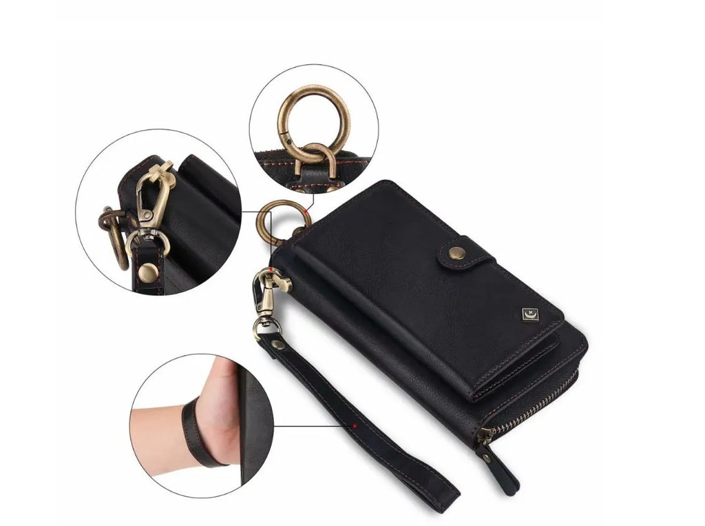 Black imitation leather phone case with a zippered wallet compartment, shown next to a credit card.