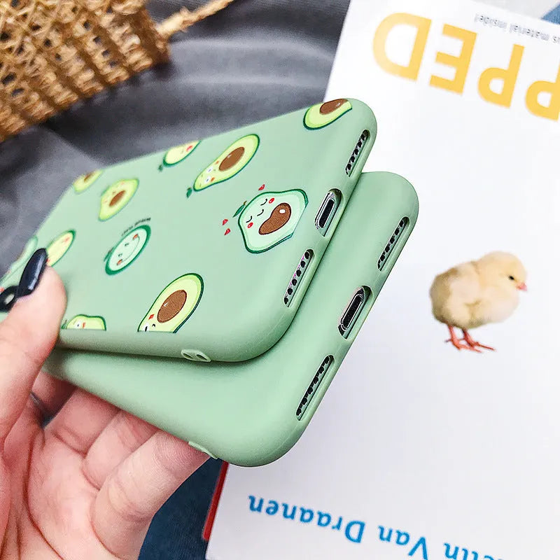 Avocado cartoon design TPU phone case for Apple iPhone, showing back cover with printed artwork.