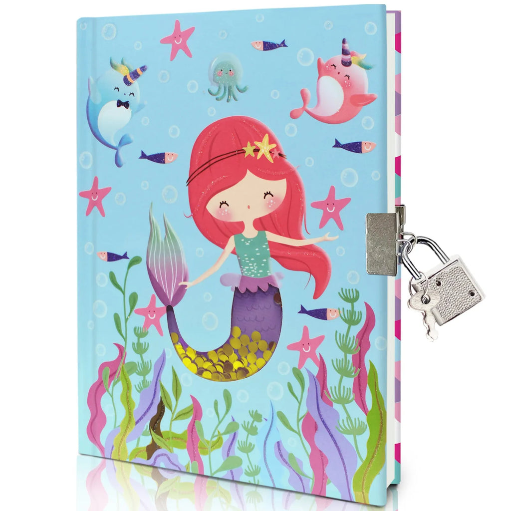 Children's mermaid printed notebook with lock, paper cover, thread bound, 80 sheets
