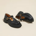 Vintage Mary Jane T-strap pumps for women, round toe, mid heel, buckle closure, black microfiber