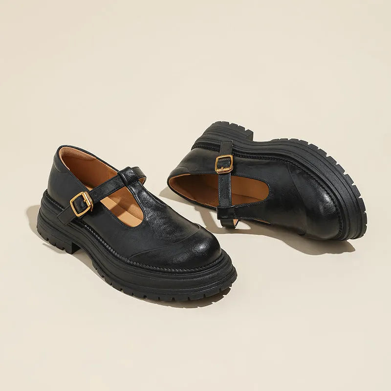 Vintage Mary Jane T-strap pumps for women, round toe, mid heel, buckle closure, black microfiber
