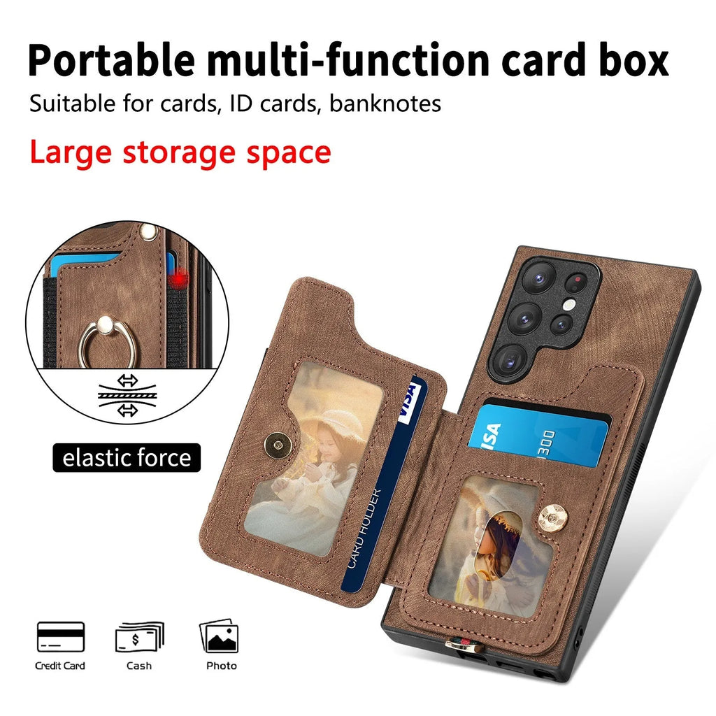Dark Brown Samsung S25 Ultra PU phone case with ring lanyard, card holder, bracket, and magnetic suction.