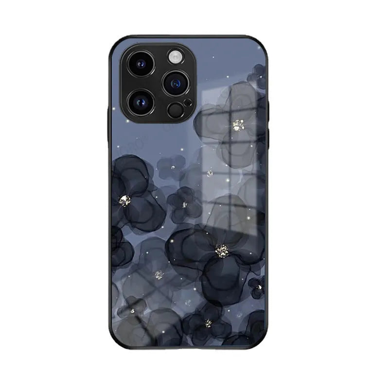 Flower glass phone case with UV coating, tulip and smiley face design, for iPhone