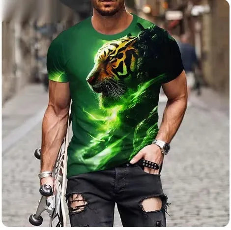 Men's black t-shirt featuring a fierce lion face with raised 3D graphic print.