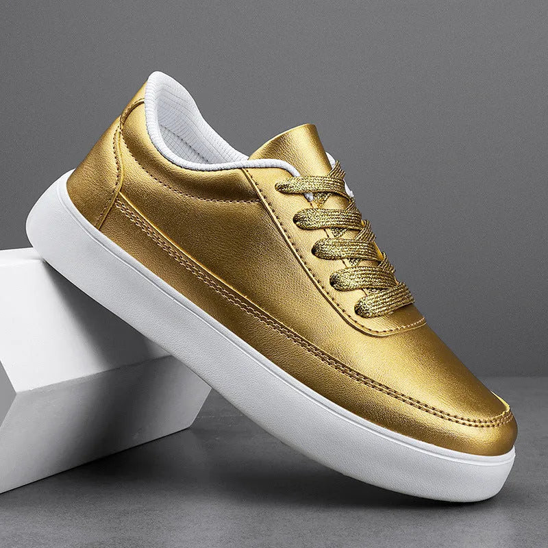Women's white leather casual flat lace-up shoes on a neutral background, showing front and side views.