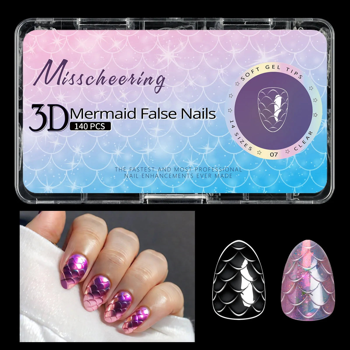 3D scale long shaping nail tips in colour-coded packaging for professional manicures