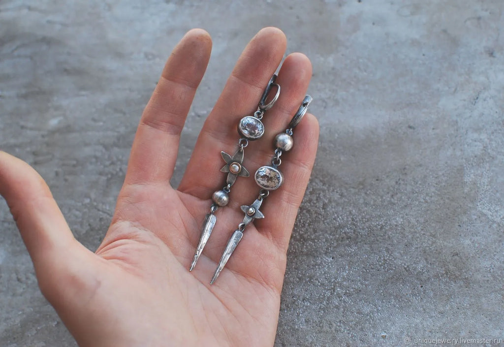 Antique silver geometric XINGX pendant earrings with rhinestone detailing