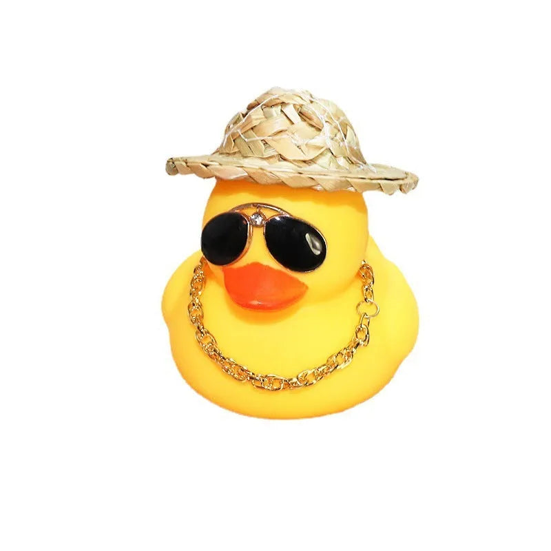 Straw hat yellow duck car dashboard ornament with sunglasses necklace accessory on car interior