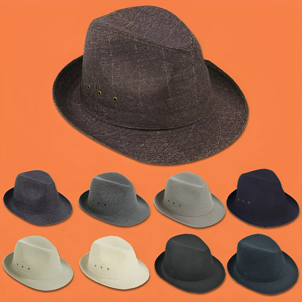 A classic brown fedora hat for men on a wooden stand, showing its structured crown and medium-width brim.
