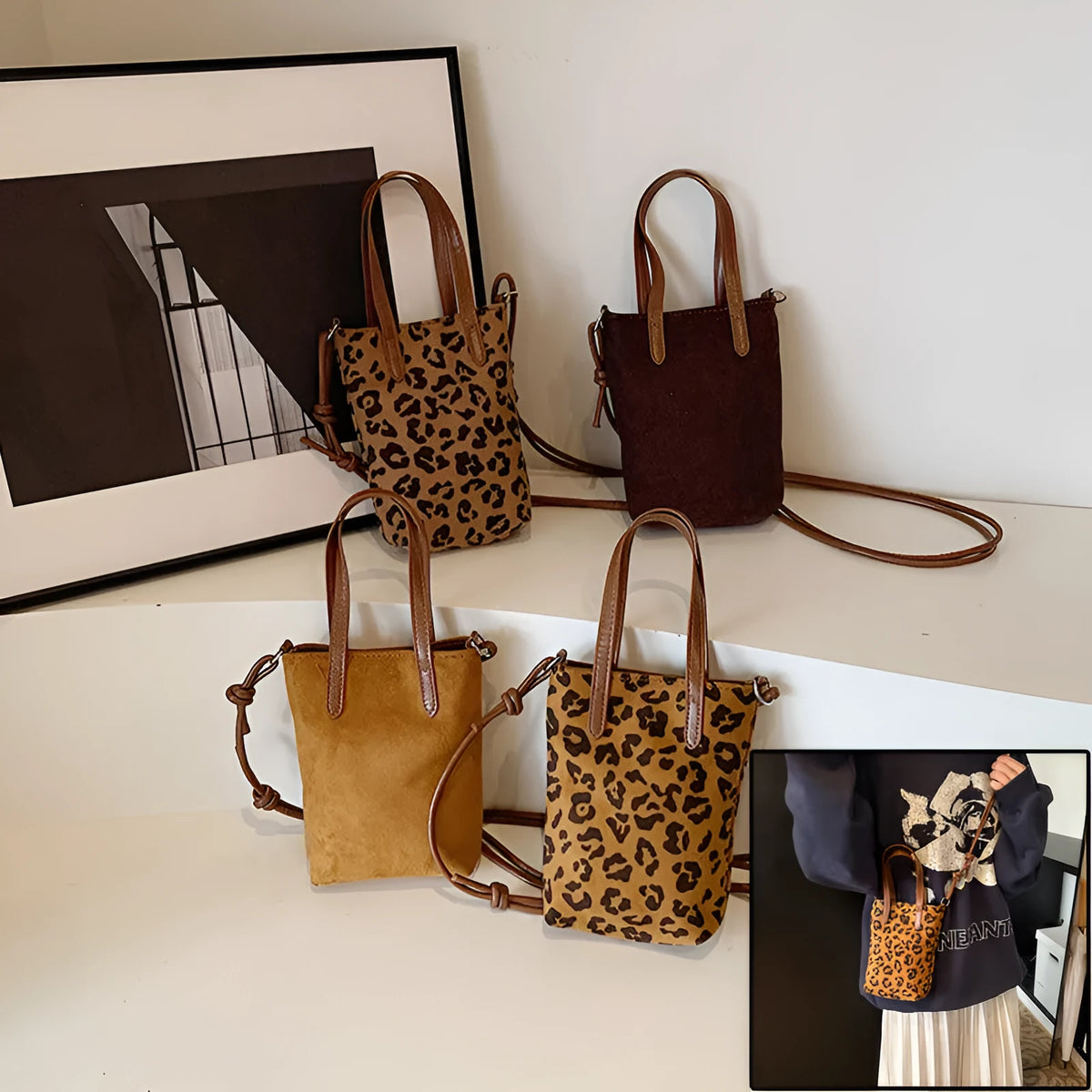 Women's PU crossbody bag in leopard print brown with square vertical shape and 166cm shoulder strap