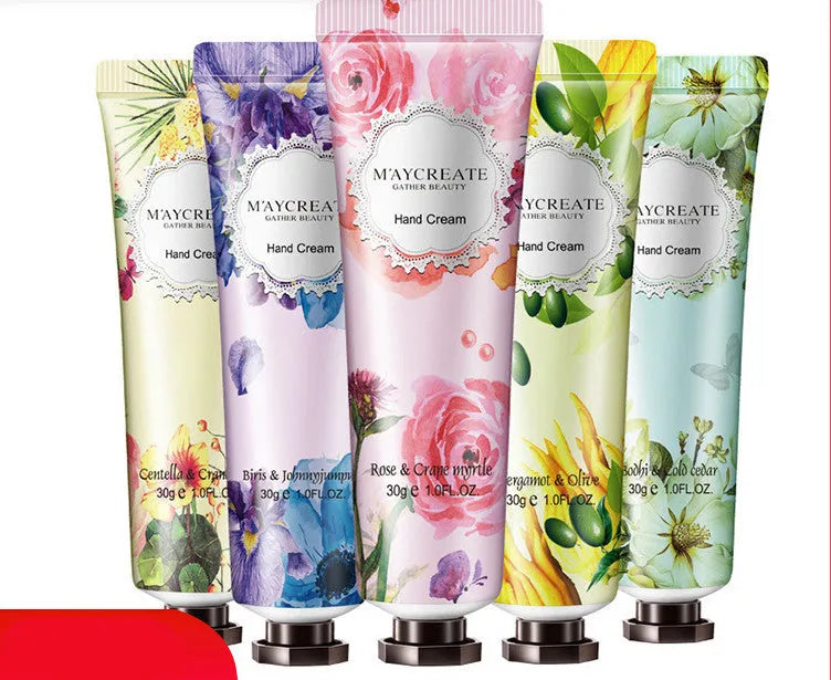 Hand cream tube with floral fragrance, 30g net content, moisturising paste