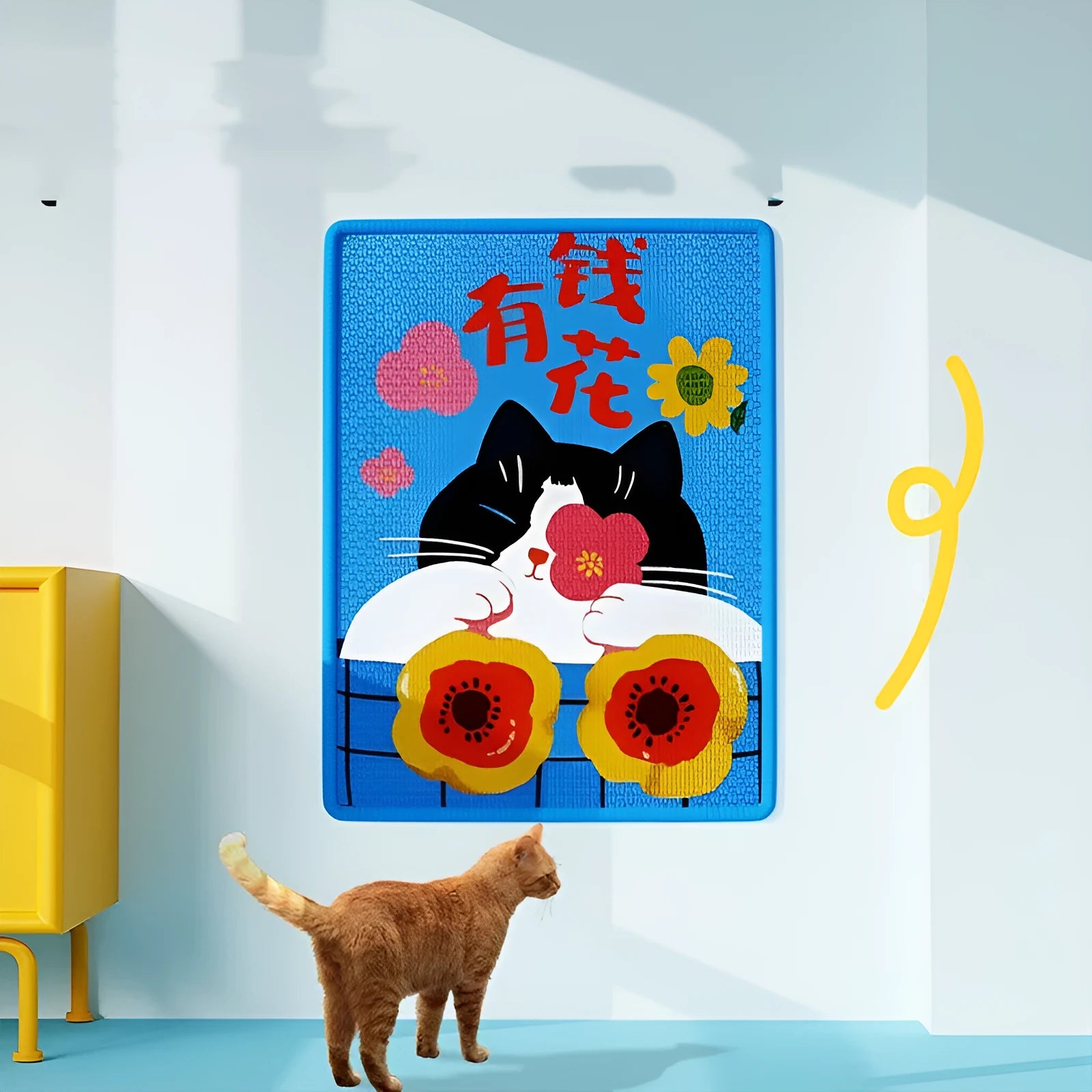 Wall-mounted cat toy scratch board in sisal with fortune cat design, 39 by 52 cm