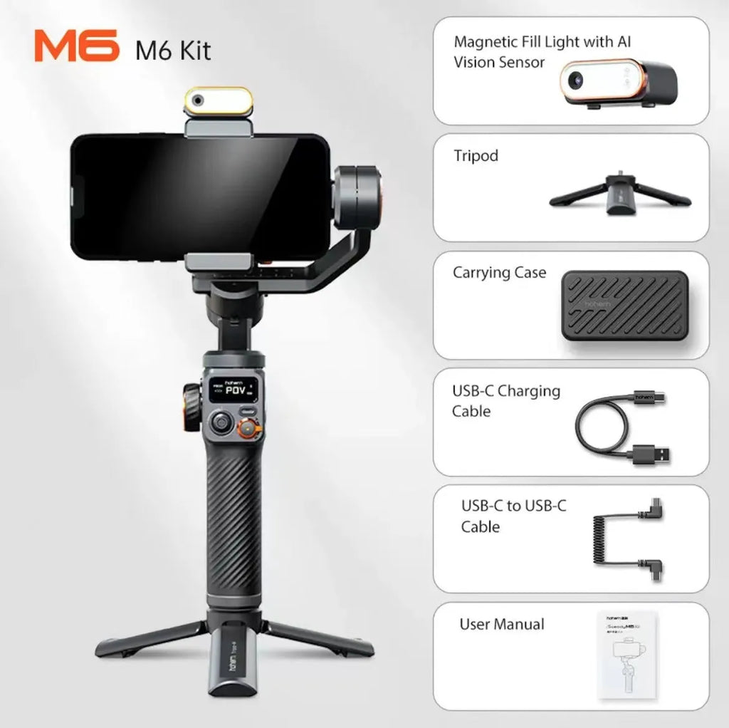 Black three-axis smartphone stabiliser with AI fill light attached, shown with tripod and accessories