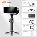 Black three-axis smartphone stabiliser with AI fill light attached, shown with tripod and accessories