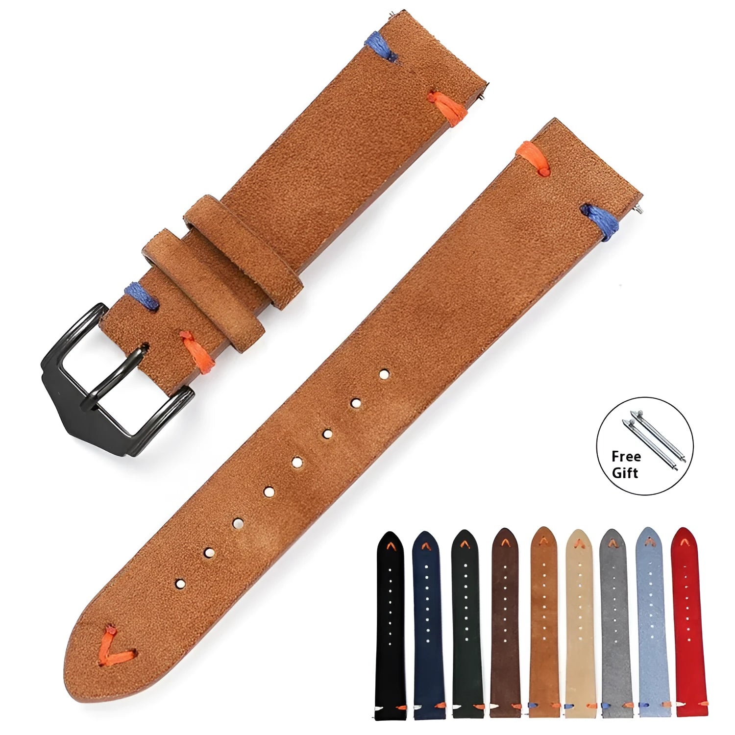 Genuine leather suede quick release watch strap with raw ear design in black, 20mm width silver buckle