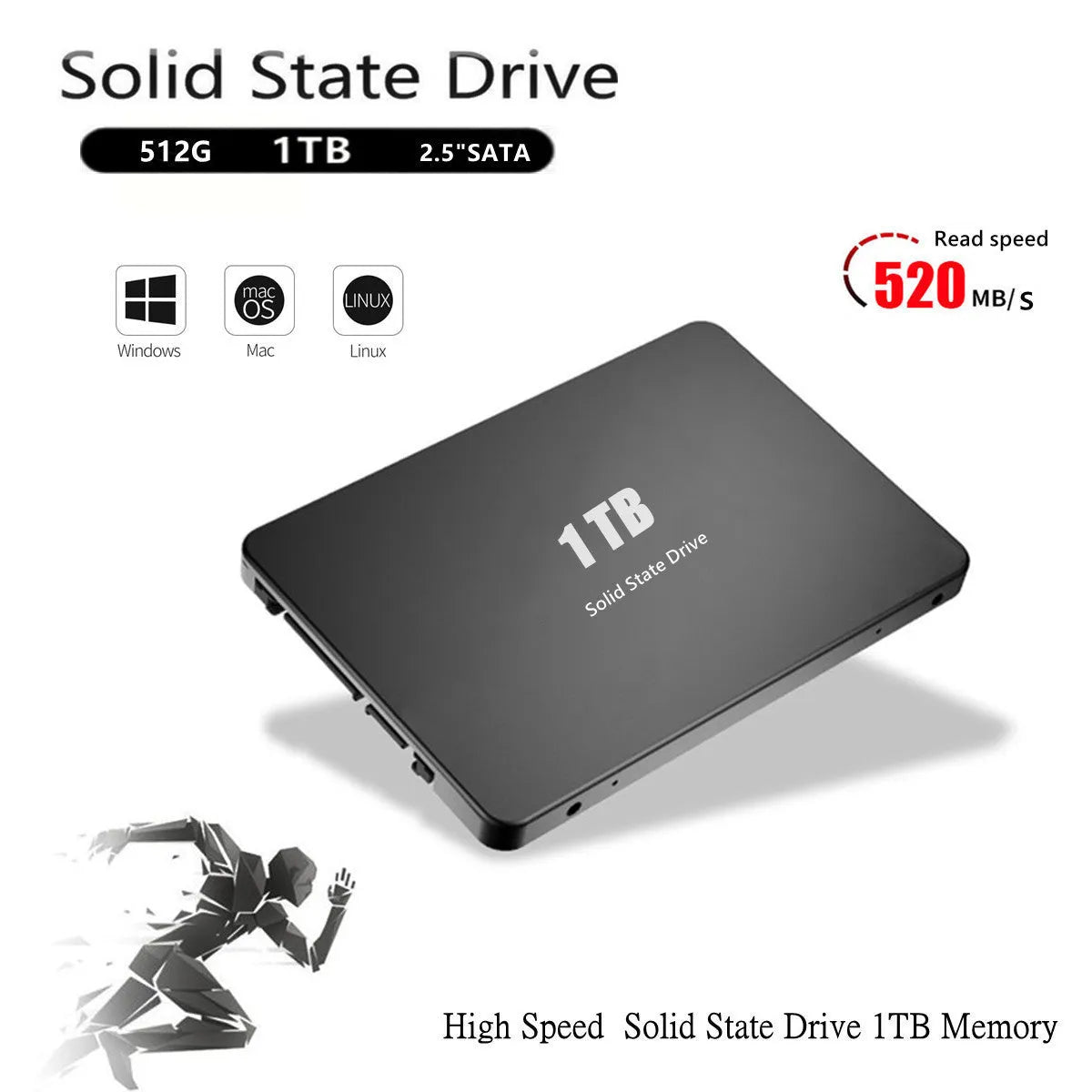 2.5-inch 1TB SATA3 solid state drive with TLC NAND flash, 7mm height, black casing