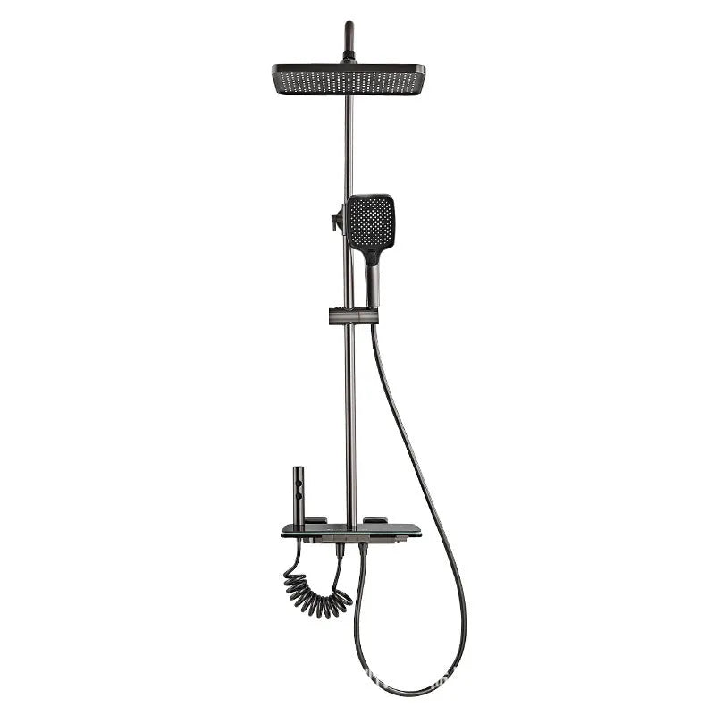 Aluminium digital display shower set in white or grey with temperature control dial.