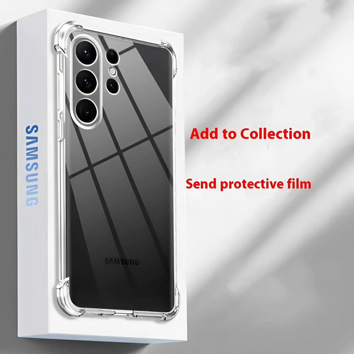 Transparent silicone phone case with four-corner airbag drop protection for Samsung Galaxy models.