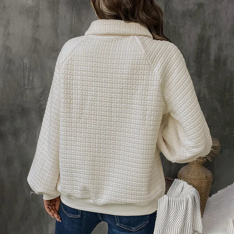 Women's milky white polo collar pullover sweater with long sleeves