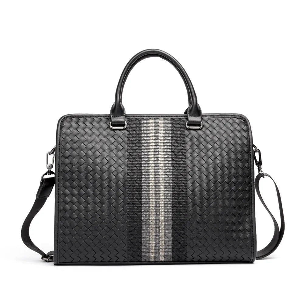 Black PU leather stitching woven business casual men's briefcase with shoulder strap and crossbody carry