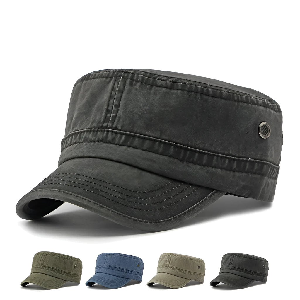 Flat top military cap in cotton fabric with adjustable sizing