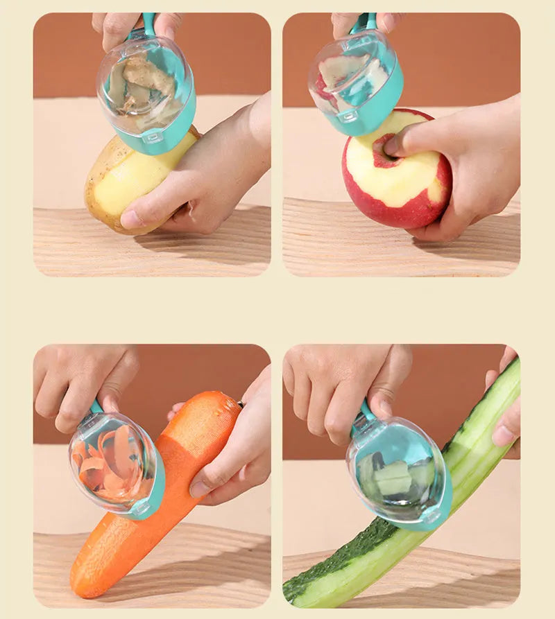 Yellow kitchen peeler knife with storage lid for fruit and potato peeling
