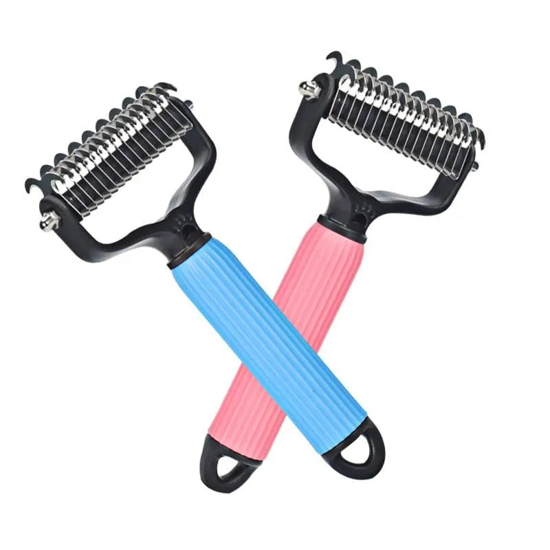 Double-sided stainless steel dematting comb for dogs and cats in blue or pink, large or small size