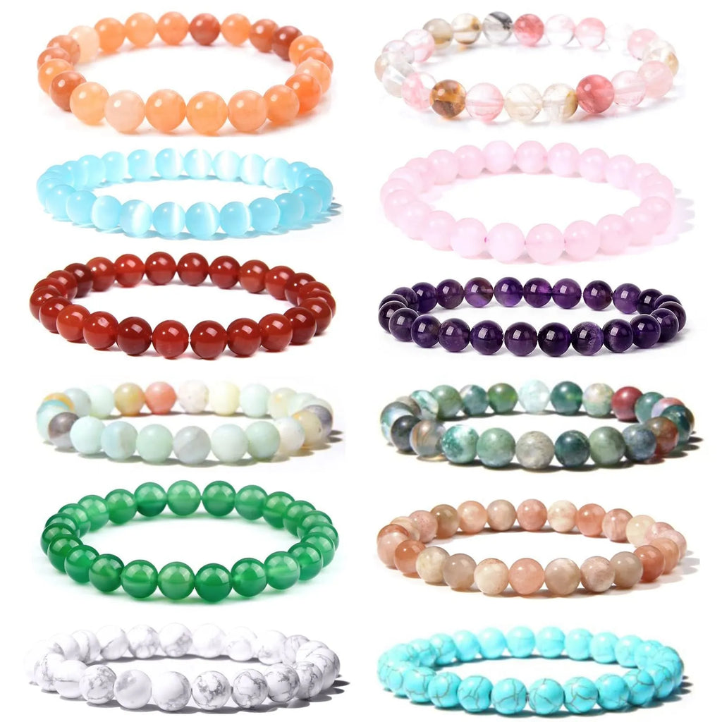 Handmade natural stone bead bracelet with 8mm geometric beads in multiple crystal colour options