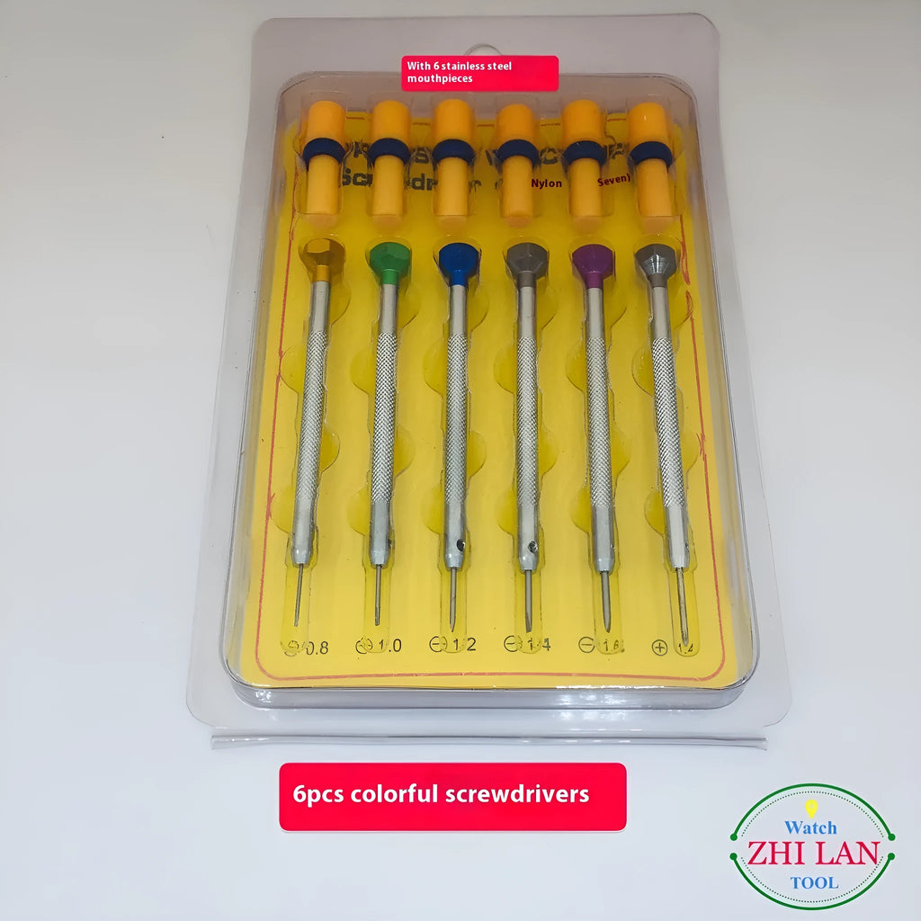 6 colour-coded watch repair screwdrivers with aluminium handles and spring steel cutter heads