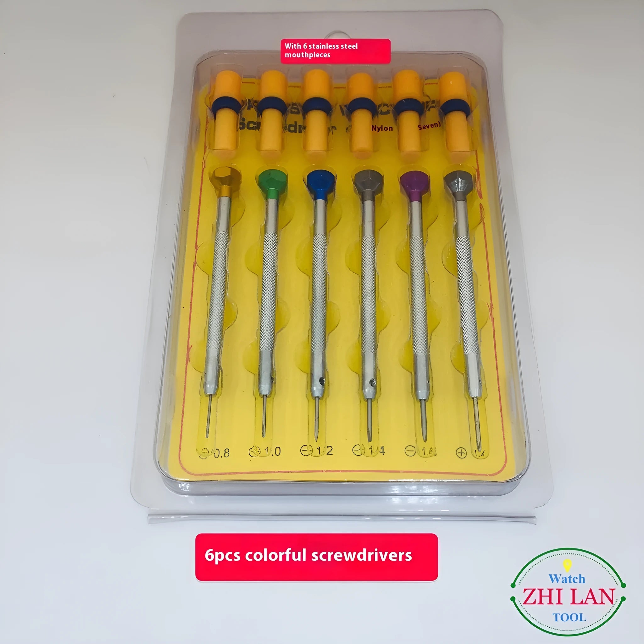 6 colour-coded watch repair screwdrivers with aluminium handles and spring steel cutter heads