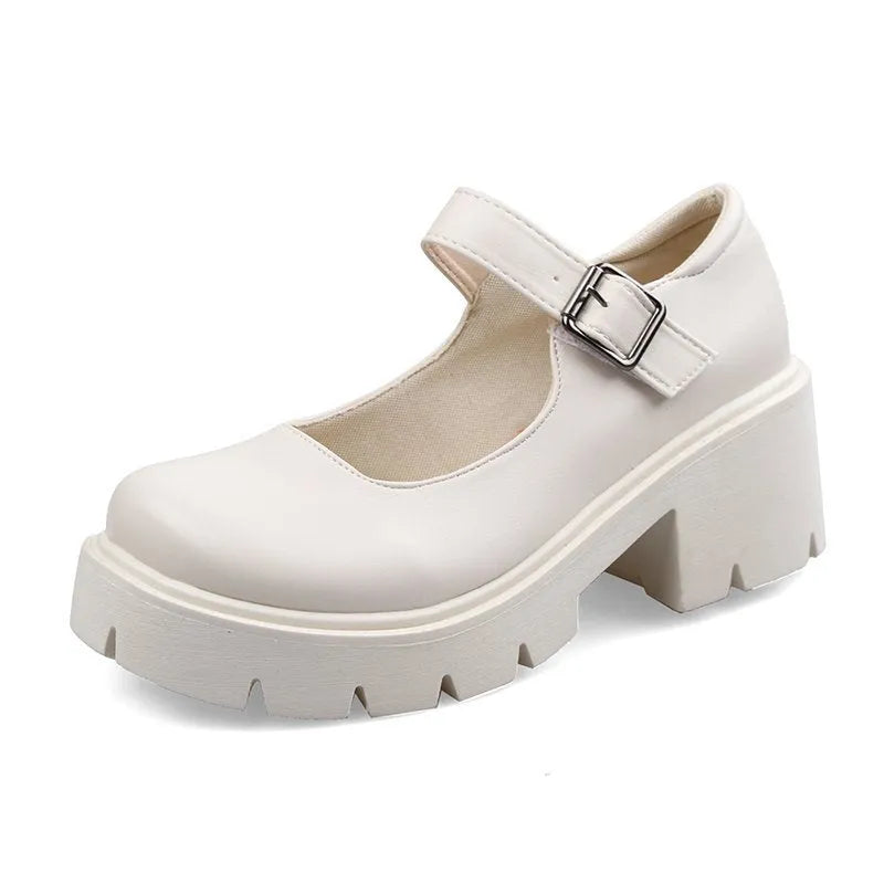 Women's buckle British style leather shoes with patent finish in beige
