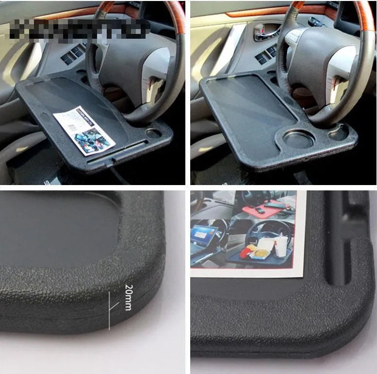 Multifunctional car desk in black ABS, 425 x 285 x 25mm, mounted on car steering wheel with adjustable angle.