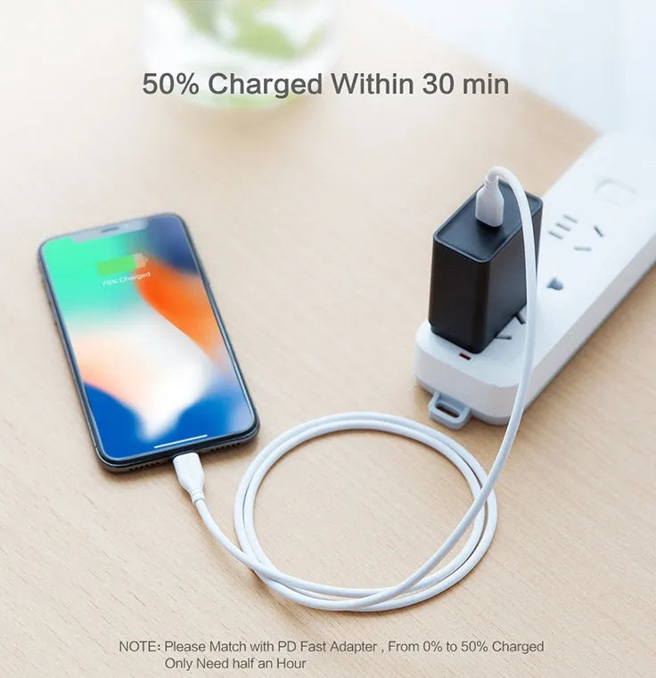 White USB-C to Lightning cable for iPhone charging and data transfer