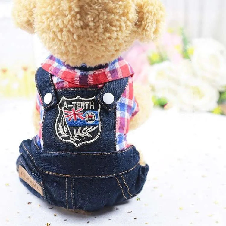 Green denim four-legged dog outfit for small breeds, casual style, size M