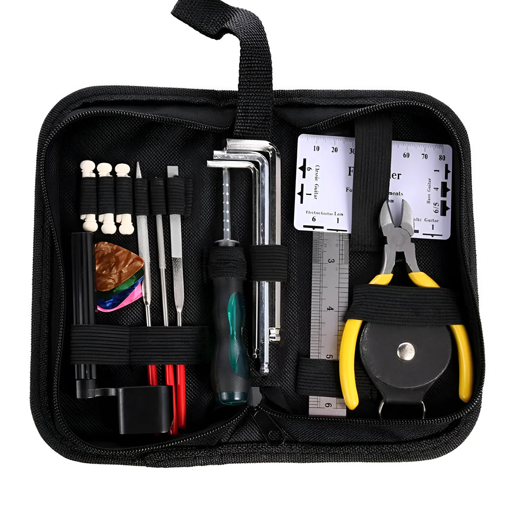 Black ABS plastic case open to reveal 11 metal guitar repair tools including a winder, cutter, ruler, and multi-tool.