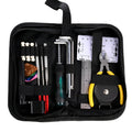 Black ABS plastic case open to reveal 11 metal guitar repair tools including a winder, cutter, ruler, and multi-tool.