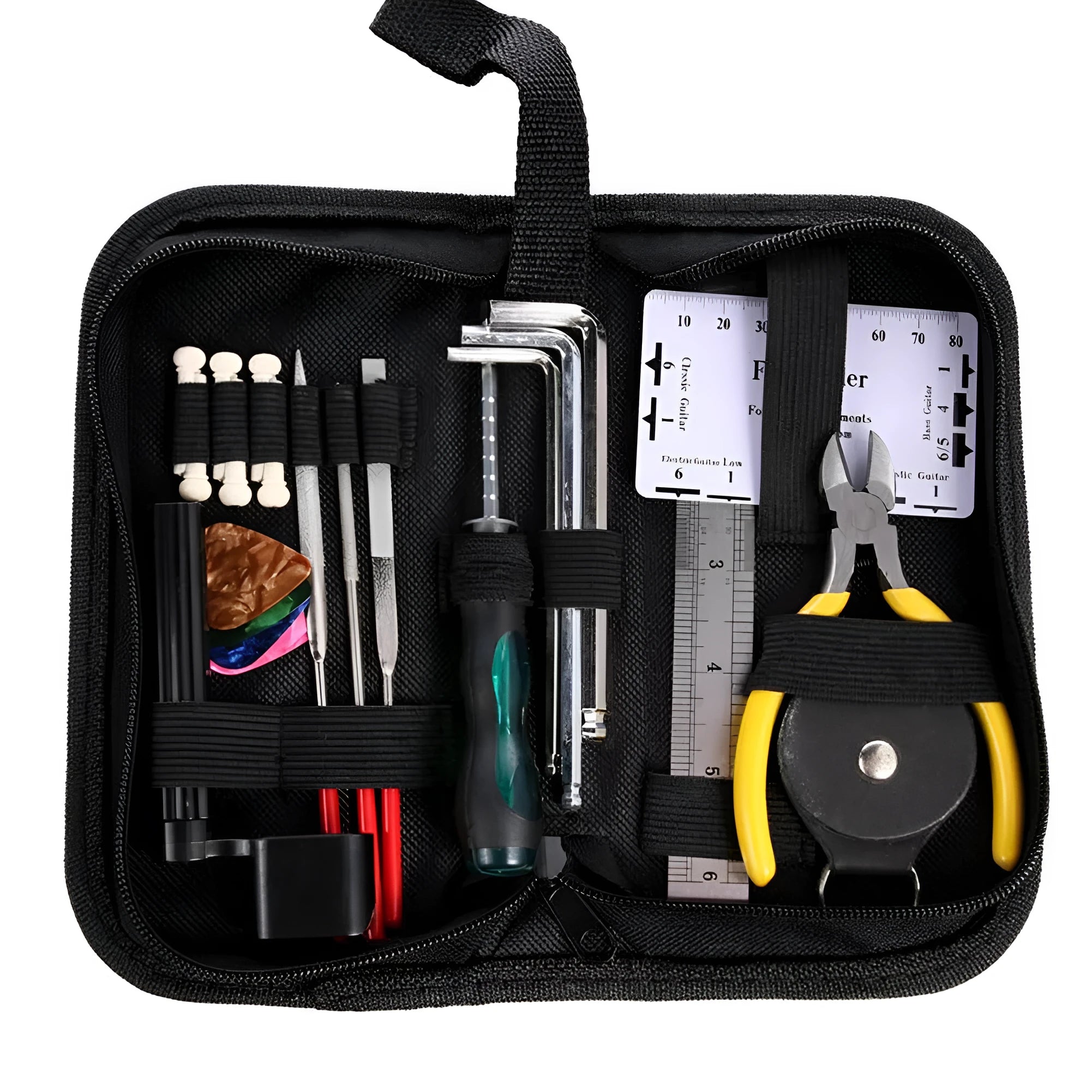 Black ABS plastic case open to reveal 11 metal guitar repair tools including a winder, cutter, ruler, and multi-tool.